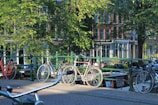 A row of bicycles is parked along a canal in a city with traditional buildings. Lush green trees line the street, casting dappled sunlight. The scene is vibrant, capturing an urban yet serene atmosphere with a mix of nature and architecture.