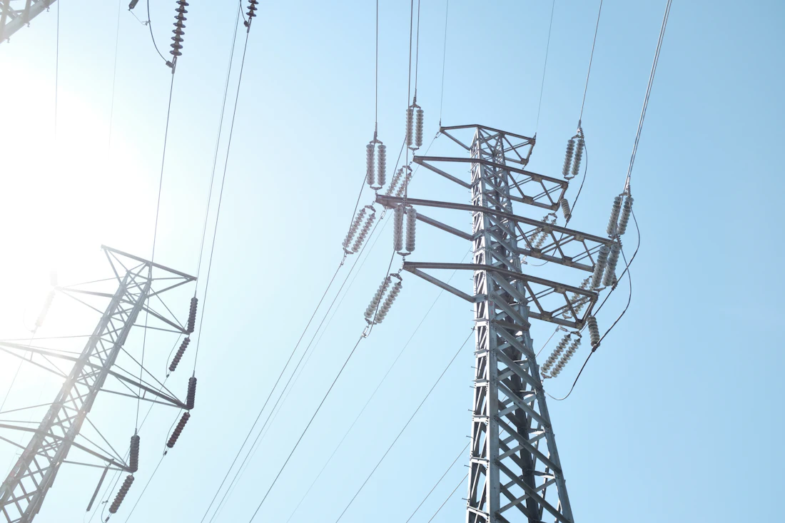 Low angle view of a transmission structure and conductors