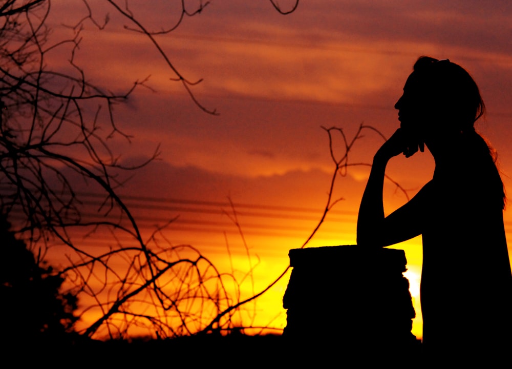 a silhouette of a woman holding a bucket at sunset