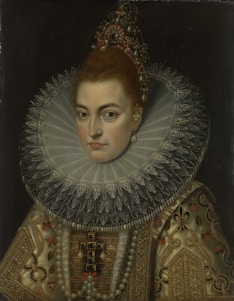 A woman is depicted in a formal portrait wearing an elaborate dress adorned with intricate embroidery and pearls. Her hair is styled in an updo decorated with ornaments, and she wears a large lace ruff collar. Her expression is composed and dignified against a dark background.