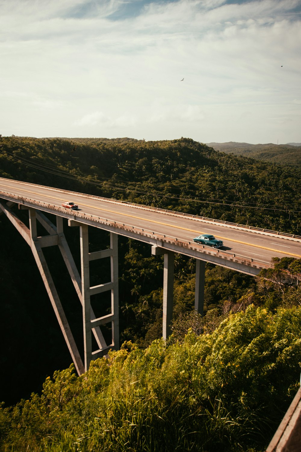two cars passing by a bridge