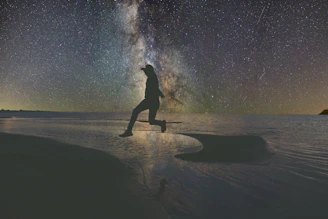 Me flying gracefully over a shimmering lake under a sky filled with twinkling stars.