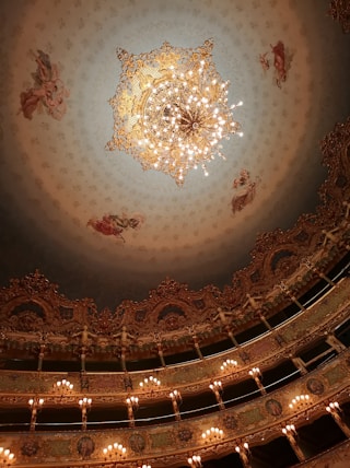 a chandelier hanging from the ceiling of a theatre
