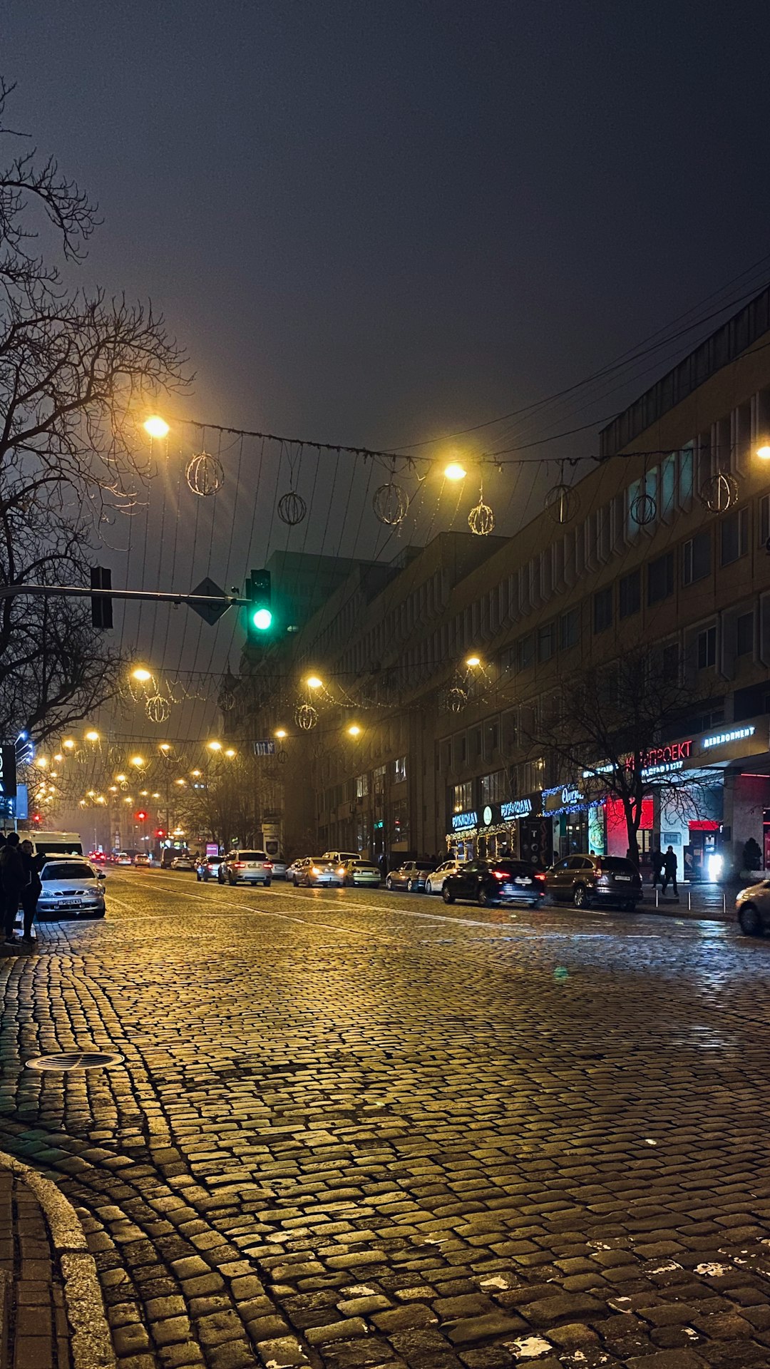 cars parked on sidewalk with lights at night