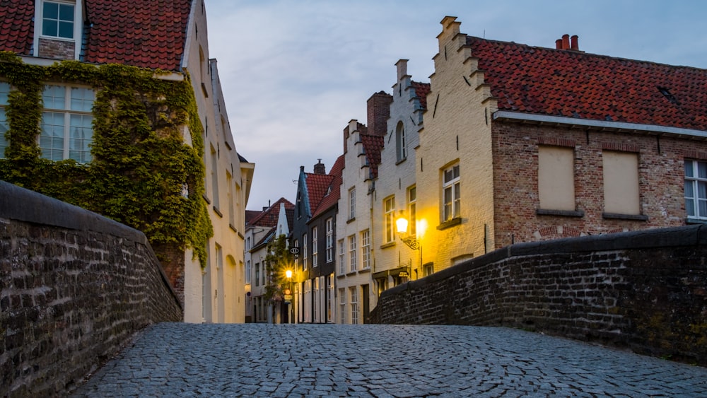 road in between white and brown houses showing lighted outdoor lamps