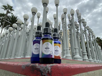 Several bottles of CBD oil are positioned on a ledge in front of an urban light installation, featuring numerous tall, white lampposts. Three bottles labeled with various strengths are prominently displayed. Palm trees and a cloudy sky serve as the backdrop.