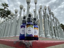 Several bottles of CBD oil are positioned on a ledge in front of an urban light installation, featuring numerous tall, white lampposts. Three bottles labeled with various strengths are prominently displayed. Palm trees and a cloudy sky serve as the backdrop.