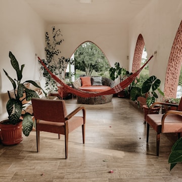 A cozy veranda filled with plants and comfortable seating.
