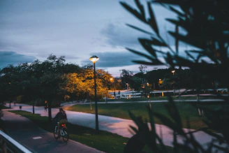 Evening view of Central Park with a cyclist riding along a tree-lined path under soft city lights.