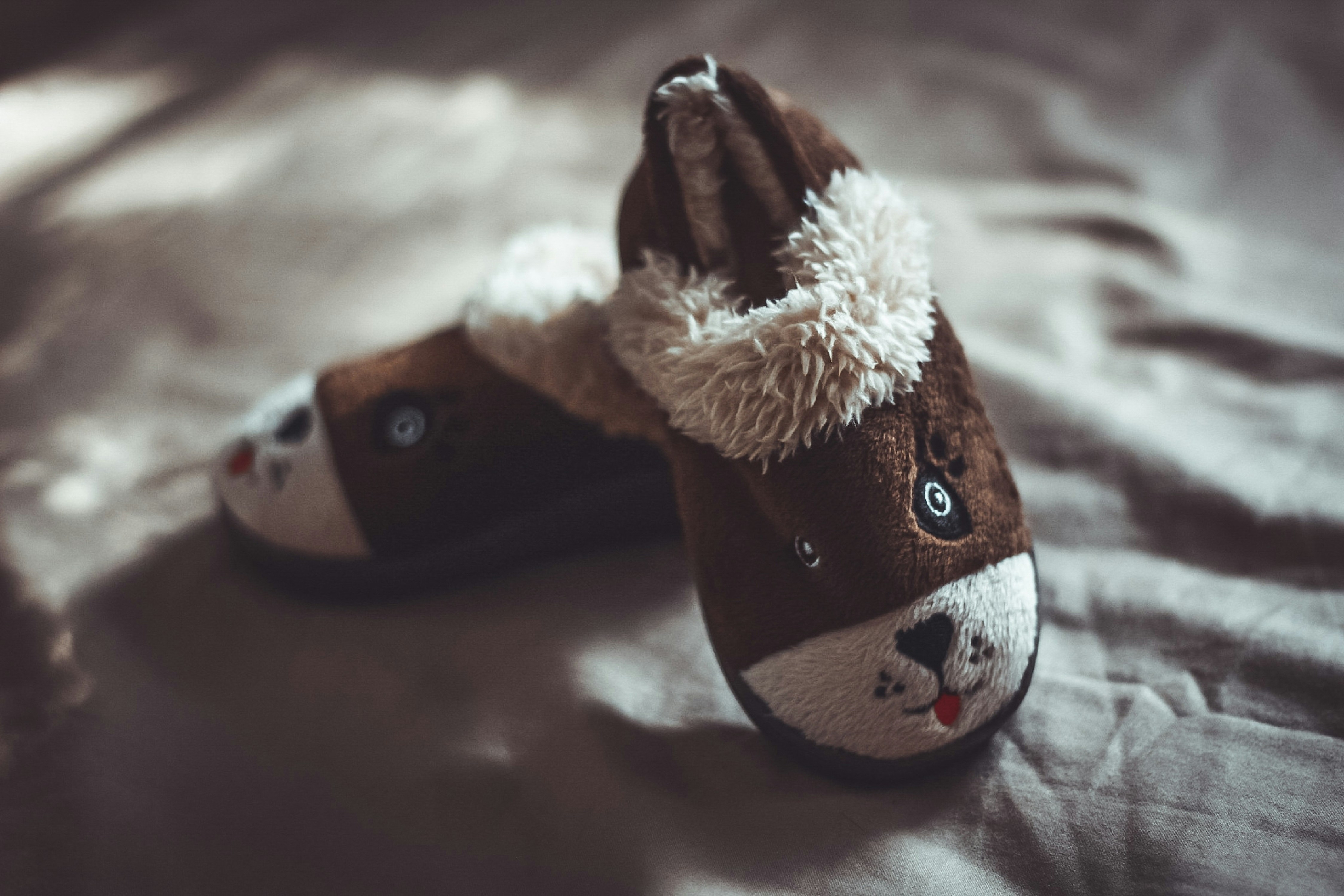 brown-and-white fur-line shoes, 