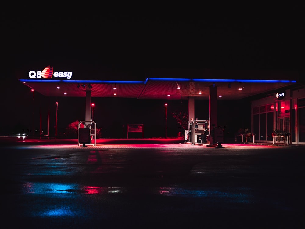 lighted gasoline station