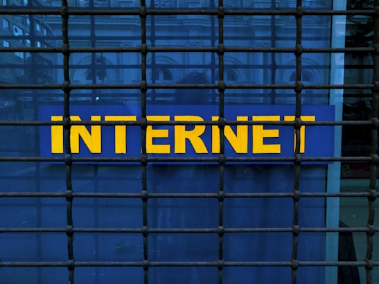 A metal grid covers a blue sign with the word 'INTERNET' written in bold, yellow letters. The grid creates a pattern of squares across the image, adding an element of confinement or security.