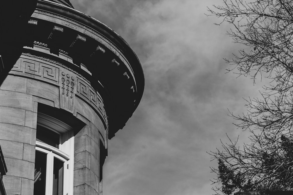 grayscale photo of bare trees and building window