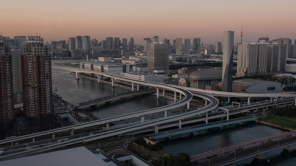 水域を眺める高層ビルのある都市の航空写真