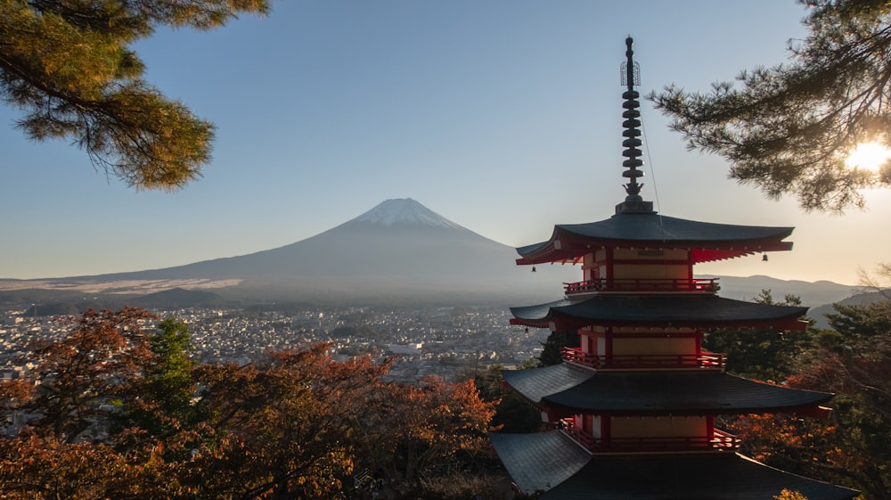 a pagoda with a mountain in the background