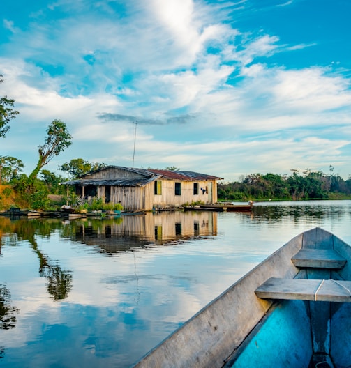 house near blue body of water surrounded with green trees under white and blue sky