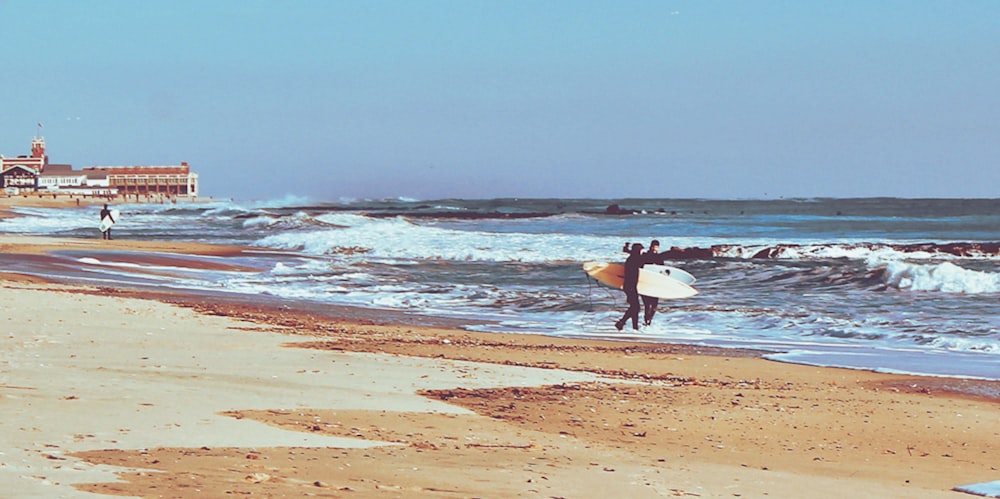 two people holding surfboard while standing on seashore