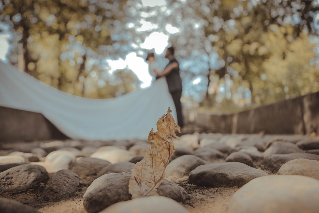 bride and groom standing on pathway