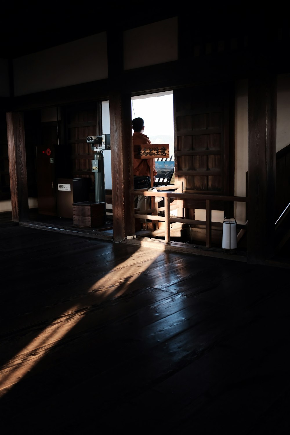 a person standing in a doorway of a building