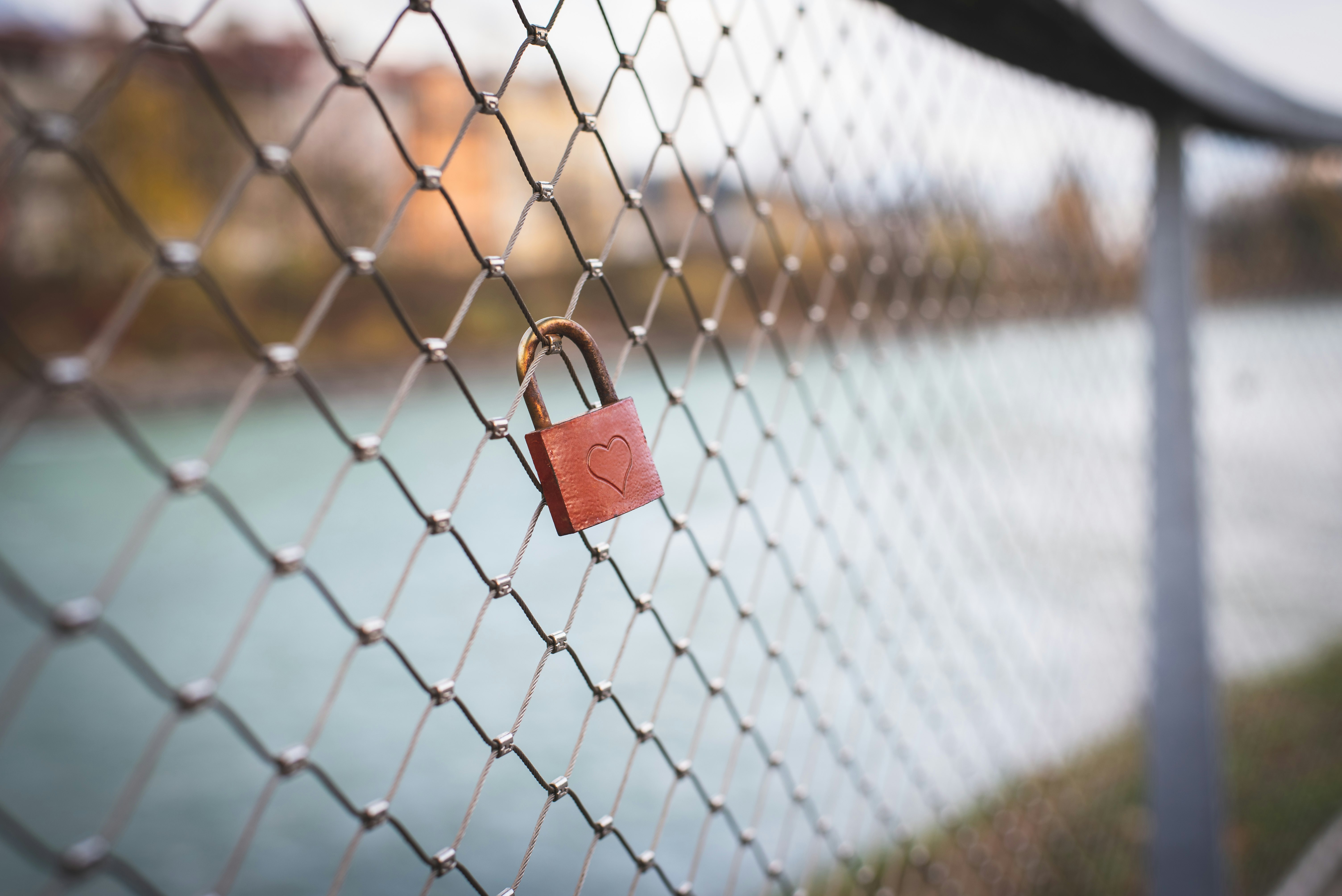 brown metal padlock on gray mesh chain fence