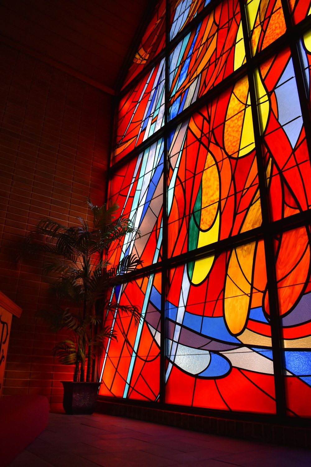 green palm plant near red and multicolored stained glass wall