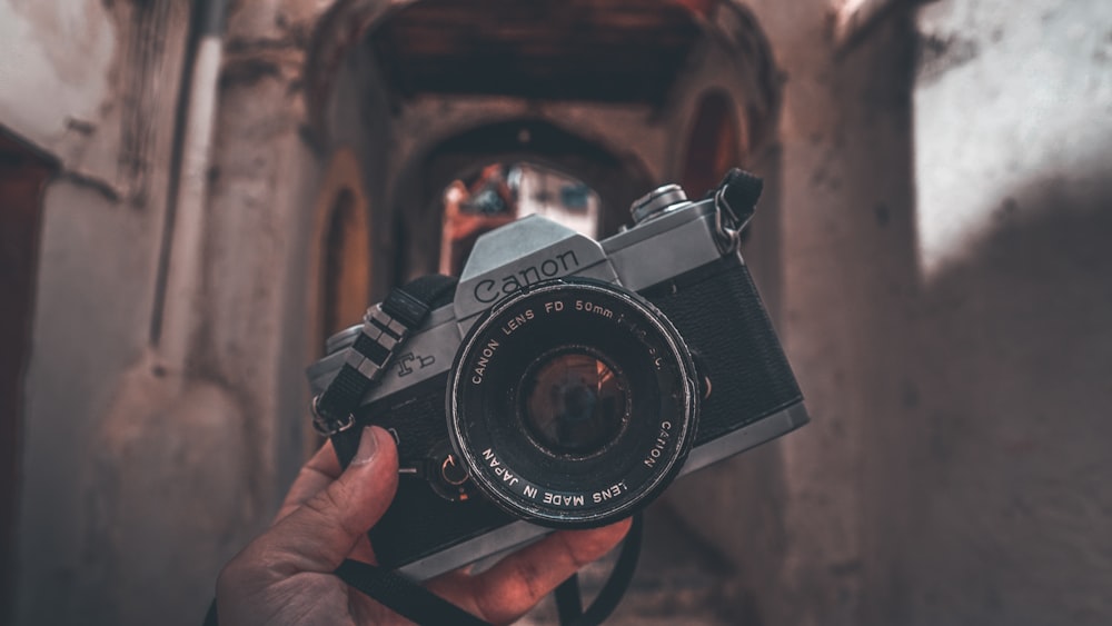 person holding black and gray Canon DSLR camera