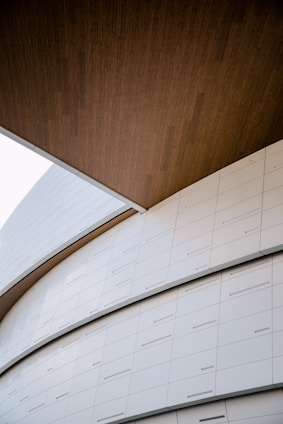 Curved, modern architectural structure with a sleek design. The building facade is composed of several horizontal panels in a light color, juxtaposed with a wooden ceiling at the top part of the image. The lines and surfaces create an abstract pattern with a minimalist aesthetic.