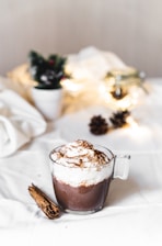 A clear glass mug filled with hot chocolate topped with whipped cream and sprinkled with cocoa powder is placed on a white surface. Beside the mug lies a cinnamon stick. In the blurred background, a small potted plant with holiday decorations and a jar with fairy lights create a cozy, festive atmosphere.