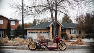 A modified motorcycle is parked on a suburban street in front of a house with a brick exterior and a double garage. The motorcycle has a unique design with a maroon frame and gold-rimmed wheels. Surrounding the area are bare trees and bushes, indicating a fall or winter setting.