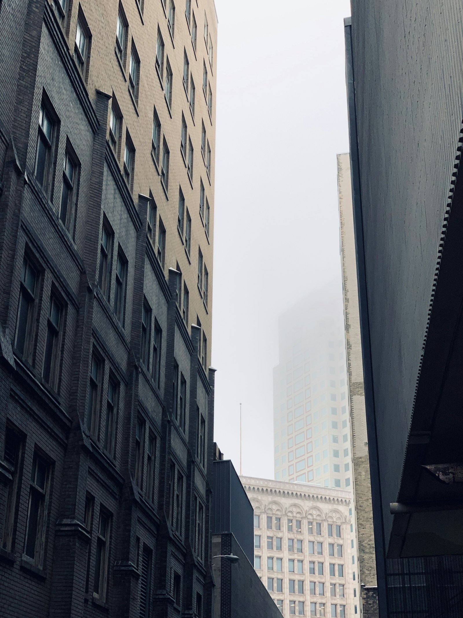 view of historic buildings in downtown winnipeg, manitoba on a foggy day