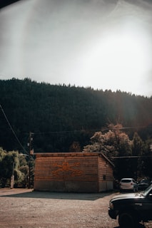 A wooden building with a detailed mural painted on it, featuring abstract designs. A sun-drenched landscape surrounds the structure, with dense evergreen trees covering the hillside in the background. The scene includes a few parked cars in the gravel lot and a bright, hazy sun overhead.