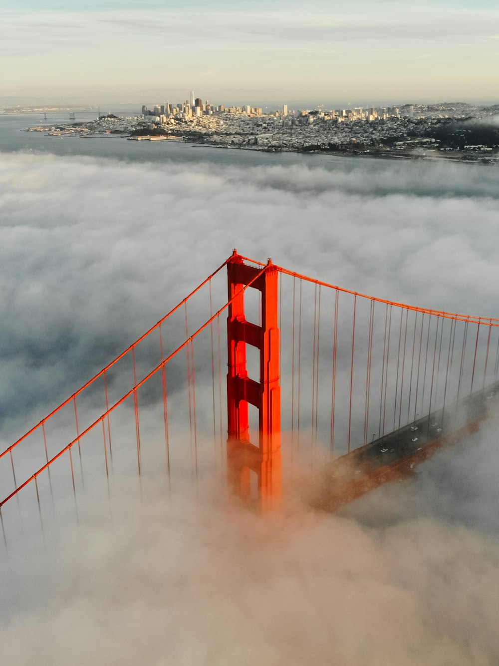 aerial photography of foggy red bridge