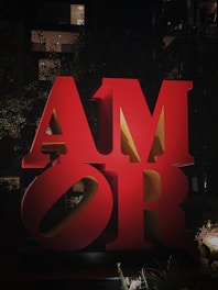 Large, three-dimensional red letters spelling out 'AMOR' are prominently displayed outdoors. The backdrop is dark, with a few illuminated windows and silhouetted trees visible, adding to the nighttime atmosphere.