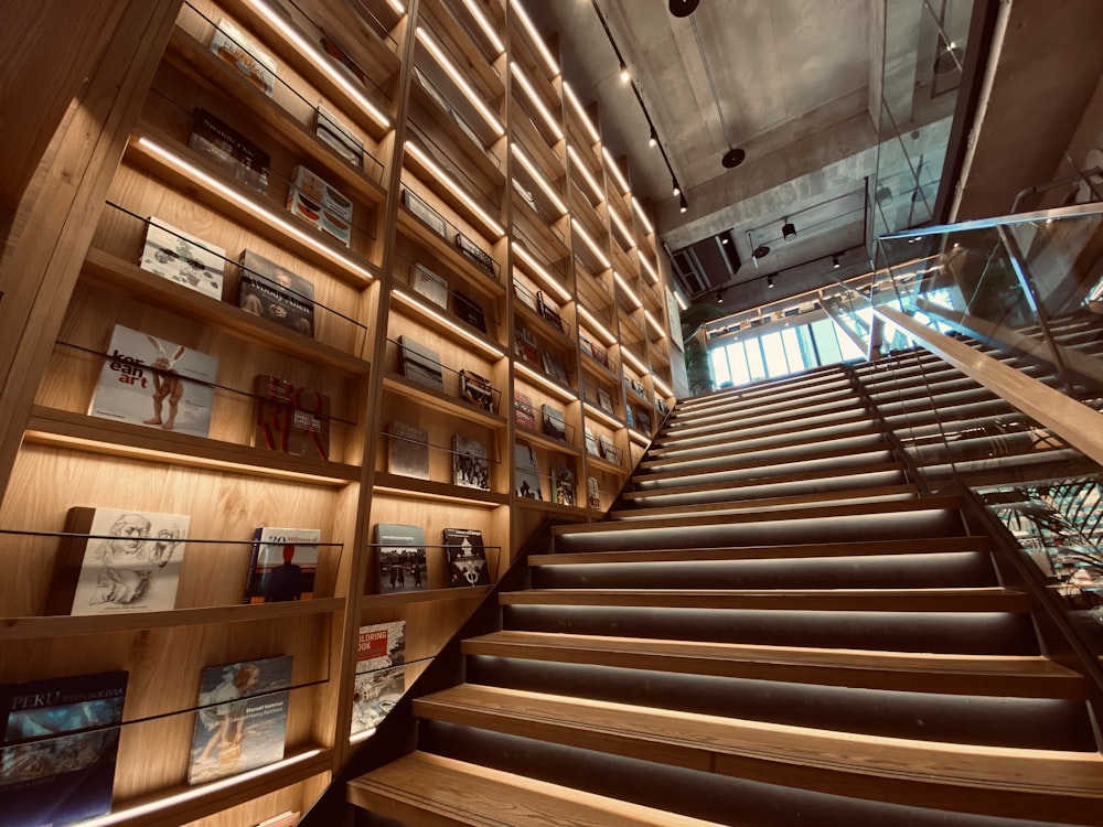 brown stairs beside paintings