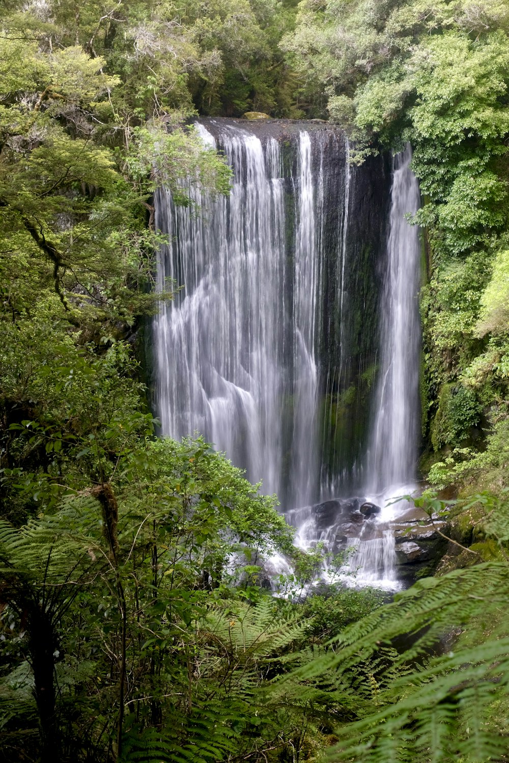 waterfalls between trees