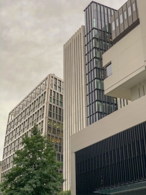 Three modern office buildings with glass and metal facades are seen alongside a leafy green tree. The architecture features vertical lines and large windows, and the sky is overcast.