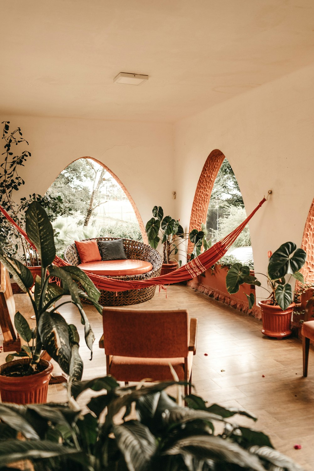 red hammock hanging in the living room