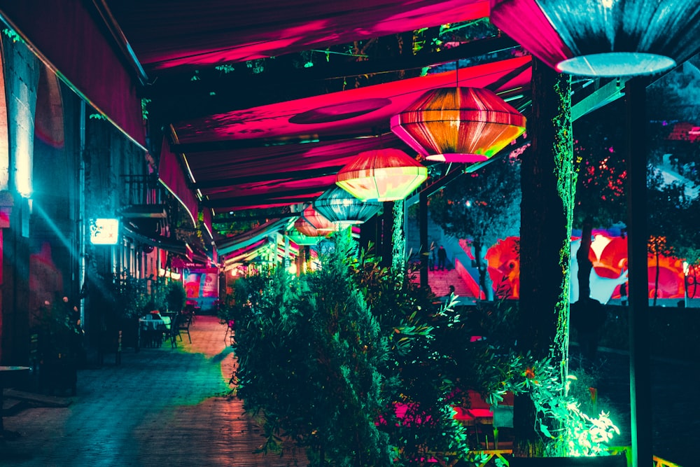 view photography of lighted lanterns in pathway near building during nighttime