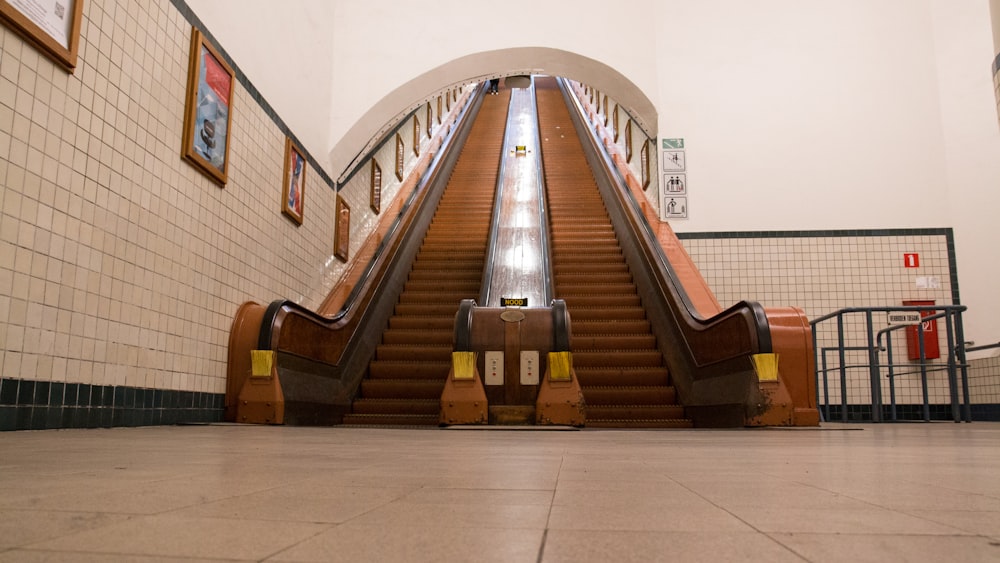 view photography of brown and gray escalator