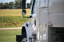 parked white truck near green grass during daytime