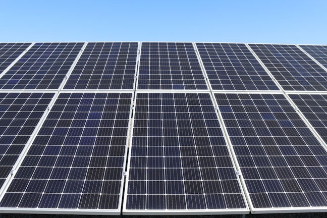 A field of solar panels is positioned under a clear blue sky. The panels are arranged in rows, capturing sunlight efficiently. The sleek, reflective surface of the panels gives a modern and clean look.