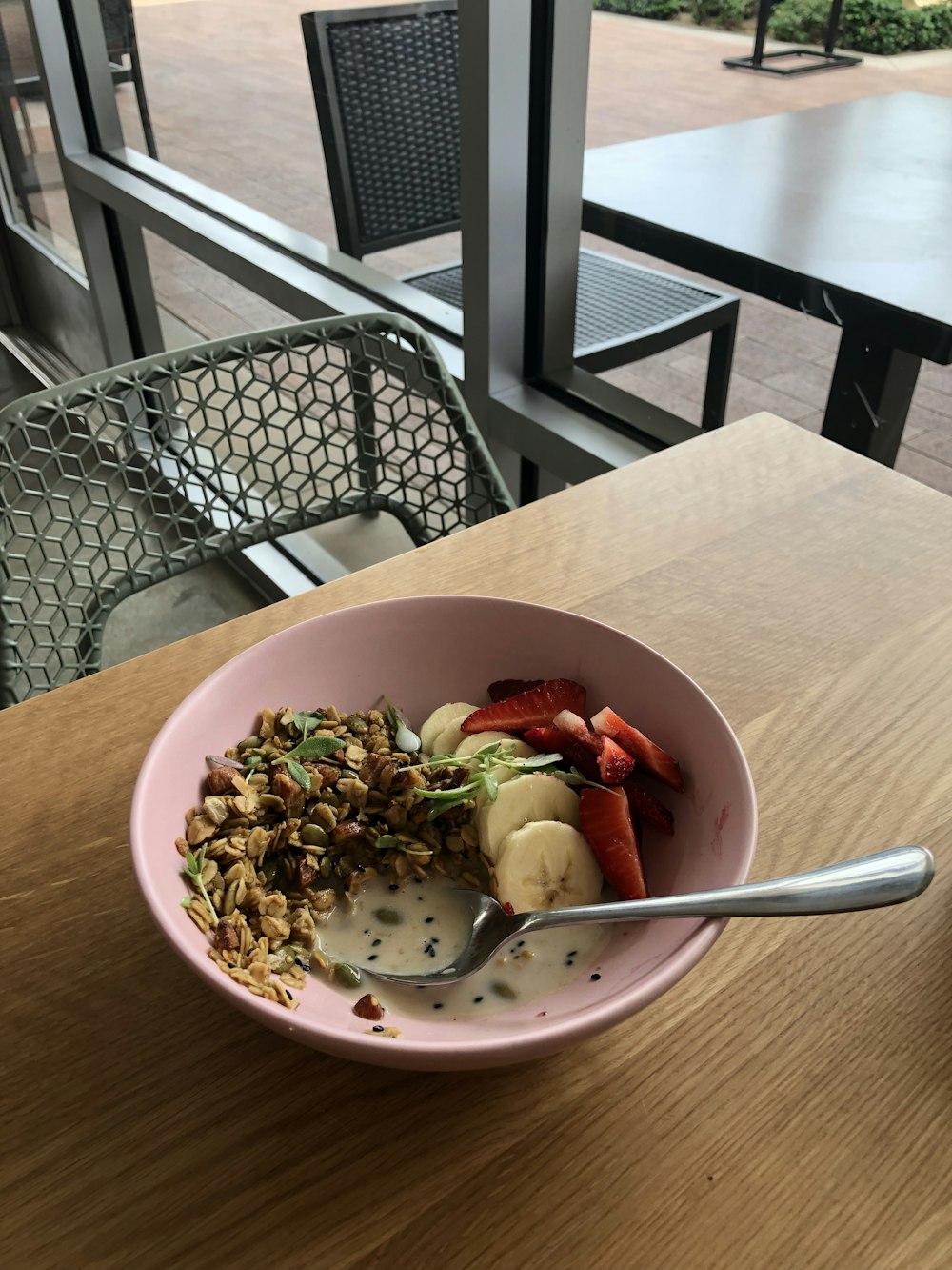 cooked food on pink bowl