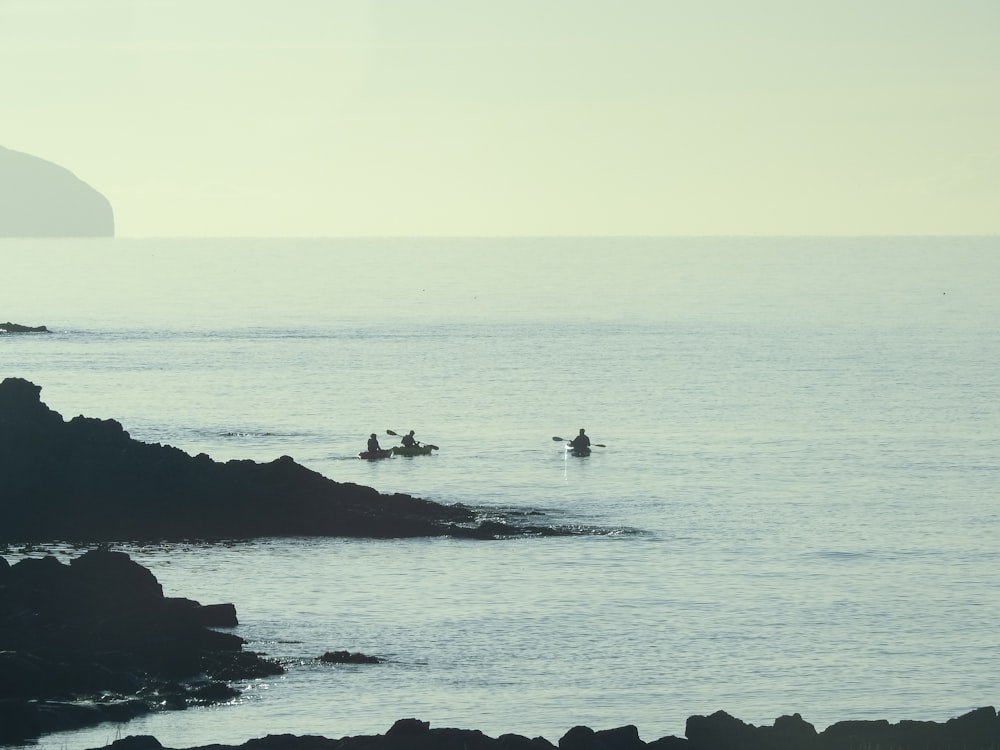 silhouette of three person's riding on kayak illustration