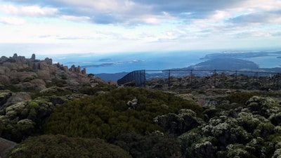 A panoramic view of Tahiti's rugged interior with peaks and valleys.