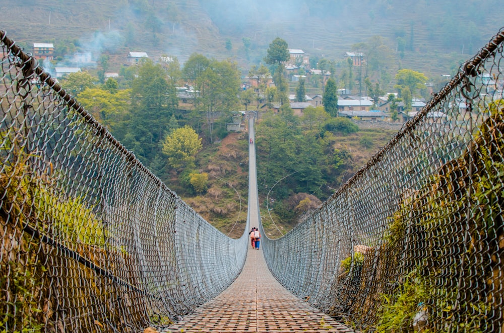 people crossing hanging bridge