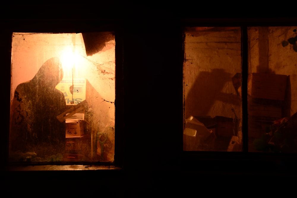 a person standing in a dark room looking out a window