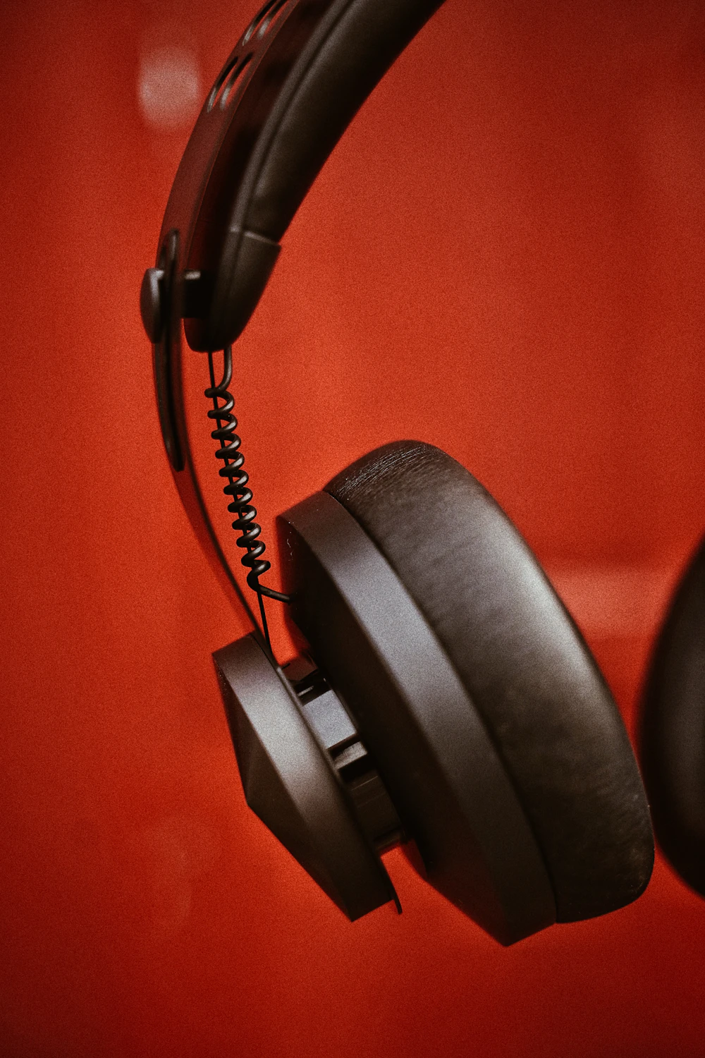 Coiled headphone audio cable close-up