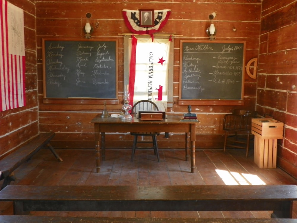 rectangular brown wooden desk during daytime