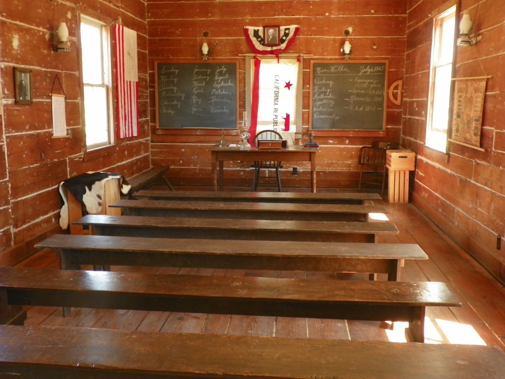 brown wooden desk inside room