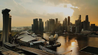 A skyline view showcasing modern and sustainable urban development at sunset.